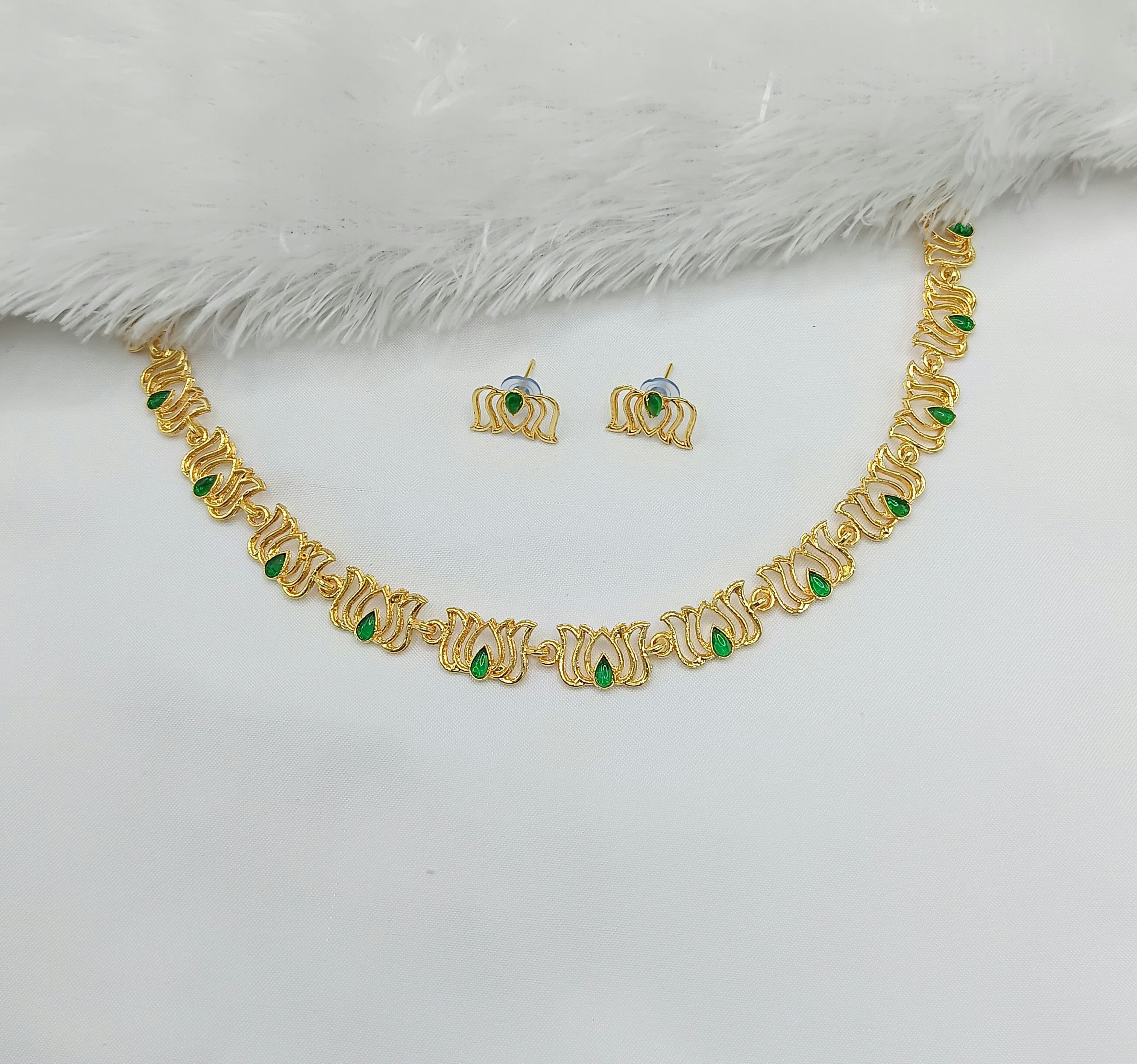 South Indian Kamal Motif Emerald Green Necklace Set